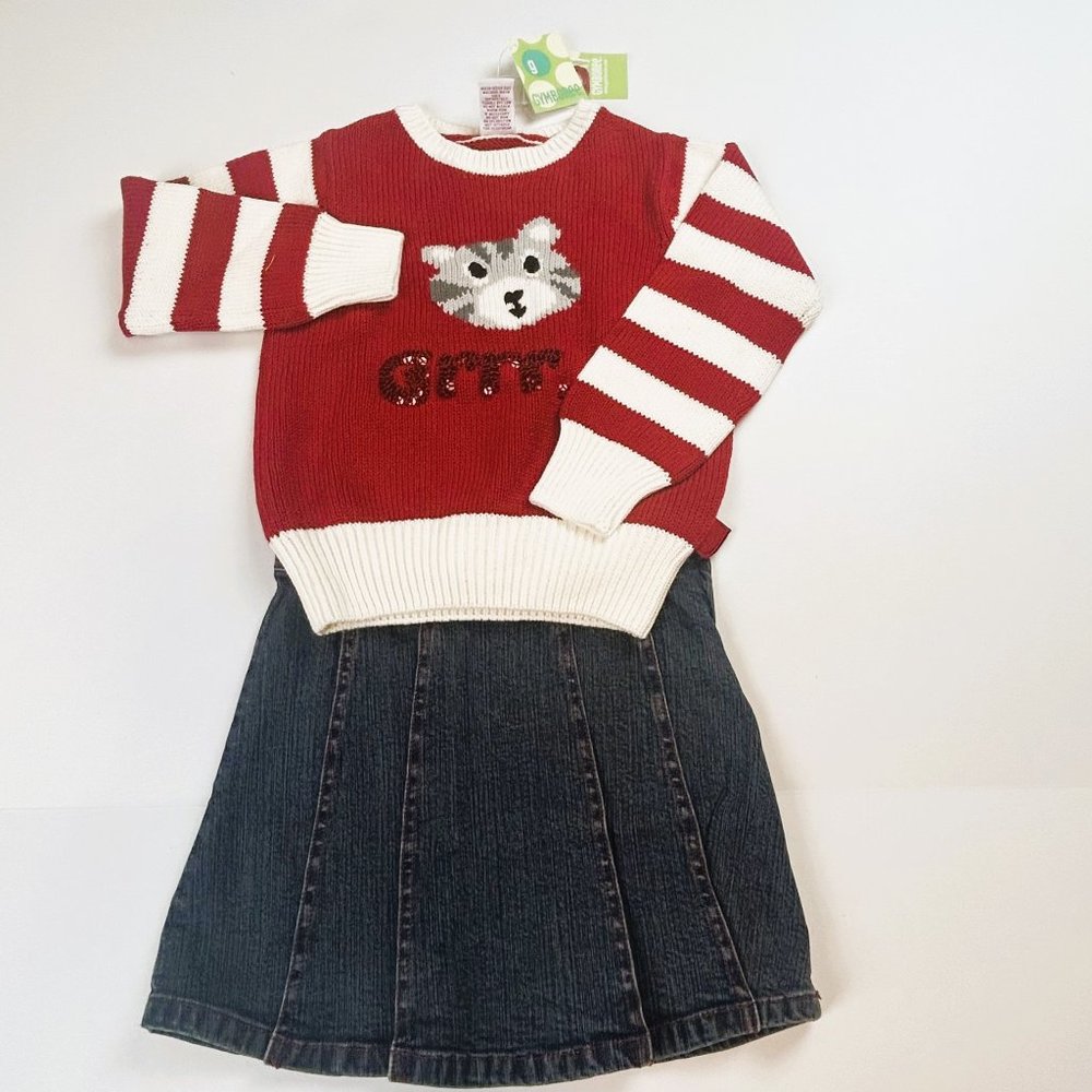 NWT Gymboree Heart Denim Skirt & Striped Sleeve Grrr Sweater Size 4